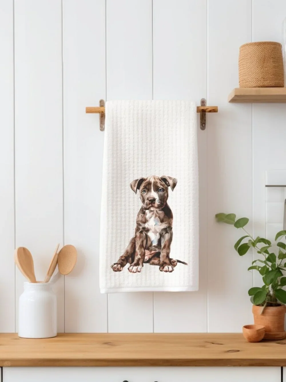 Pit Bull Terrier Puppy Waffle Weave Decorative Kitchen Tea Towel